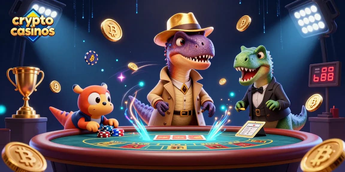 Un азарт dans les crypto casinos avec un velociraptor jouant aux cartes, des pièces Bitcoin dans un décor animé.