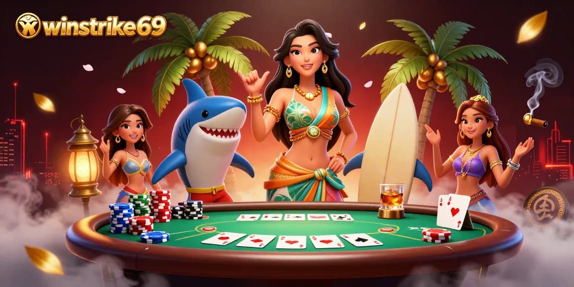 Winstrike69 highlights an energetic scene with a glamorous beach goddess, poker elements, and vibrant casino atmosphere.
