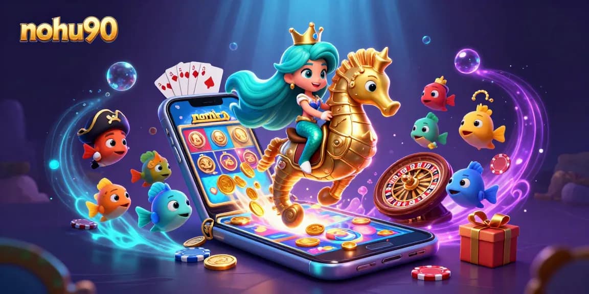 Nohu90 showcases thrilling slot gaming with a vibrant 3D illustration of exciting characters and dynamic gameplay elements.
