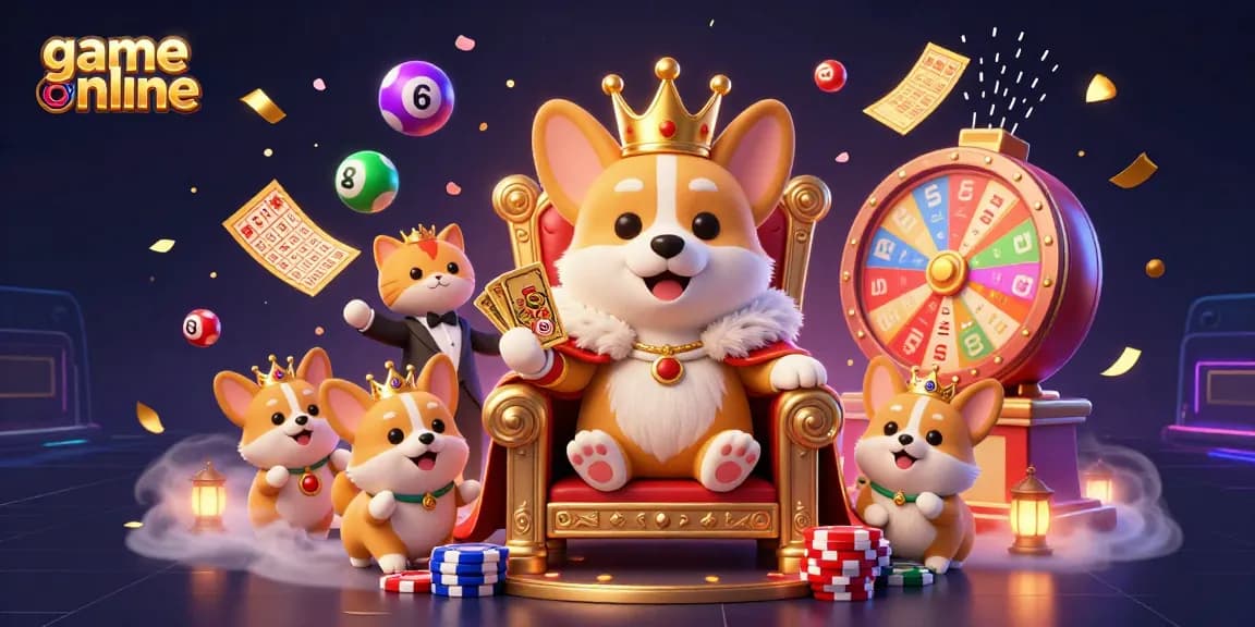 Experience thrilling game online with vibrant corgis and dynamic casino elements in an engaging illustration.
