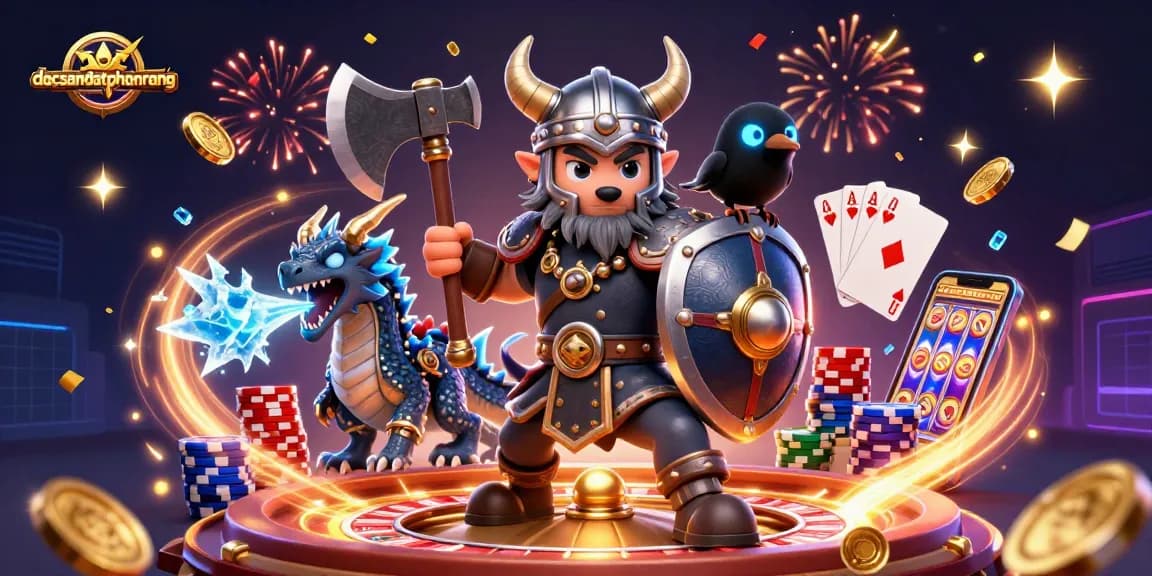 Experience the excitement of dacsandatphanrang with a vibrant online casino scene featuring a Viking wolf warrior surrounded by thrilling games.