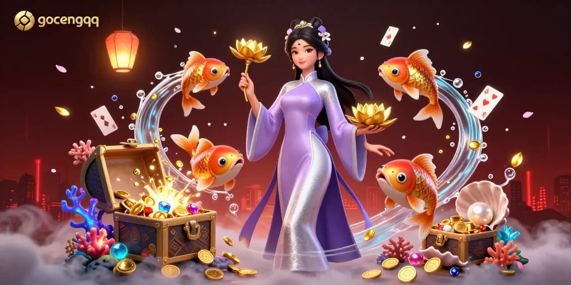 Experience the thrill of gocengqq with an alluring depiction of golden koi fish and a graceful character in a lively gambling scene.