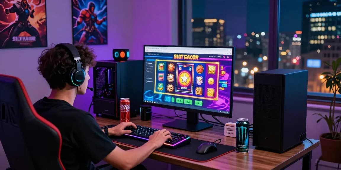 Gamer memainkan SLOT GACOR di ruang gaming modern dengan suasana energik dan aksesori menarik.