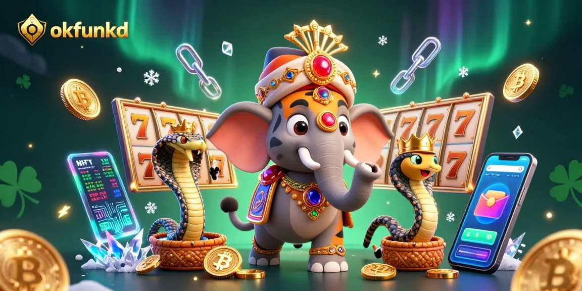 Join the exciting action at okfunkd with a vibrant illustration showcasing slot elements and a majestic character.