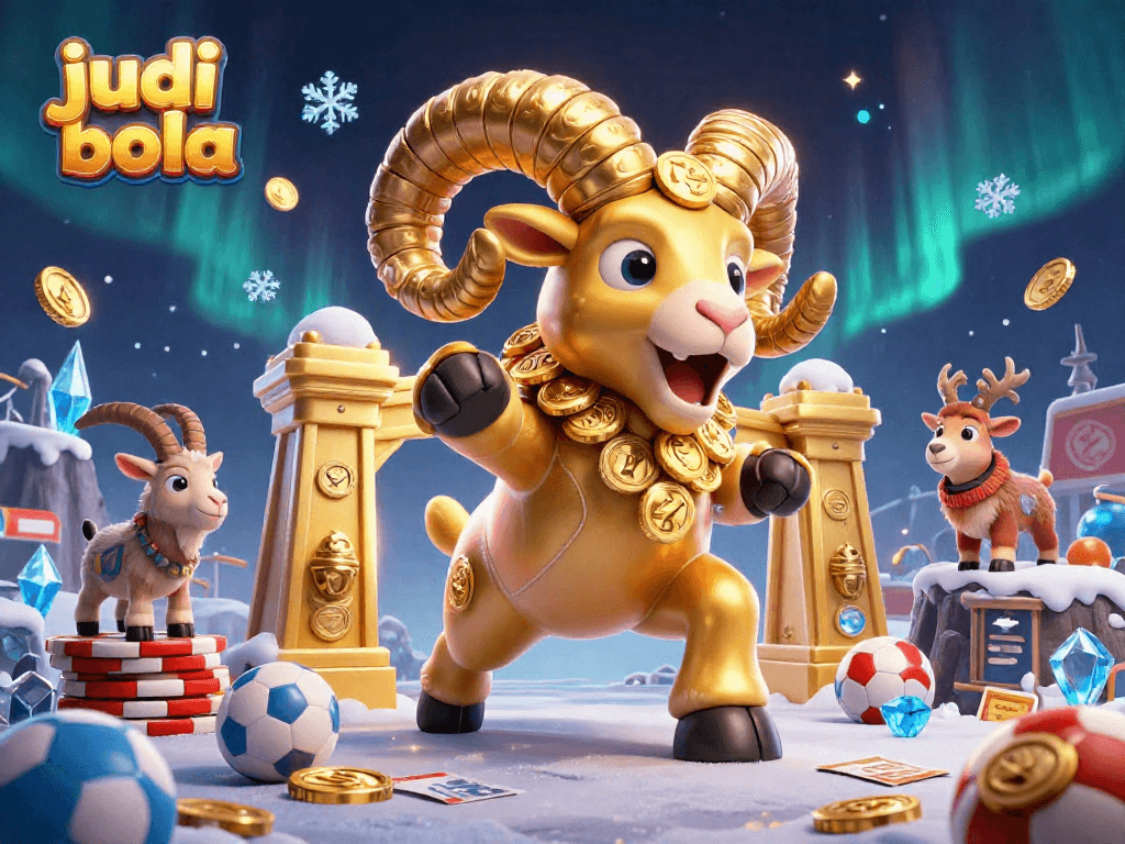 Engage in judi bola betting with a dynamic scene of golden ram and sports elements.