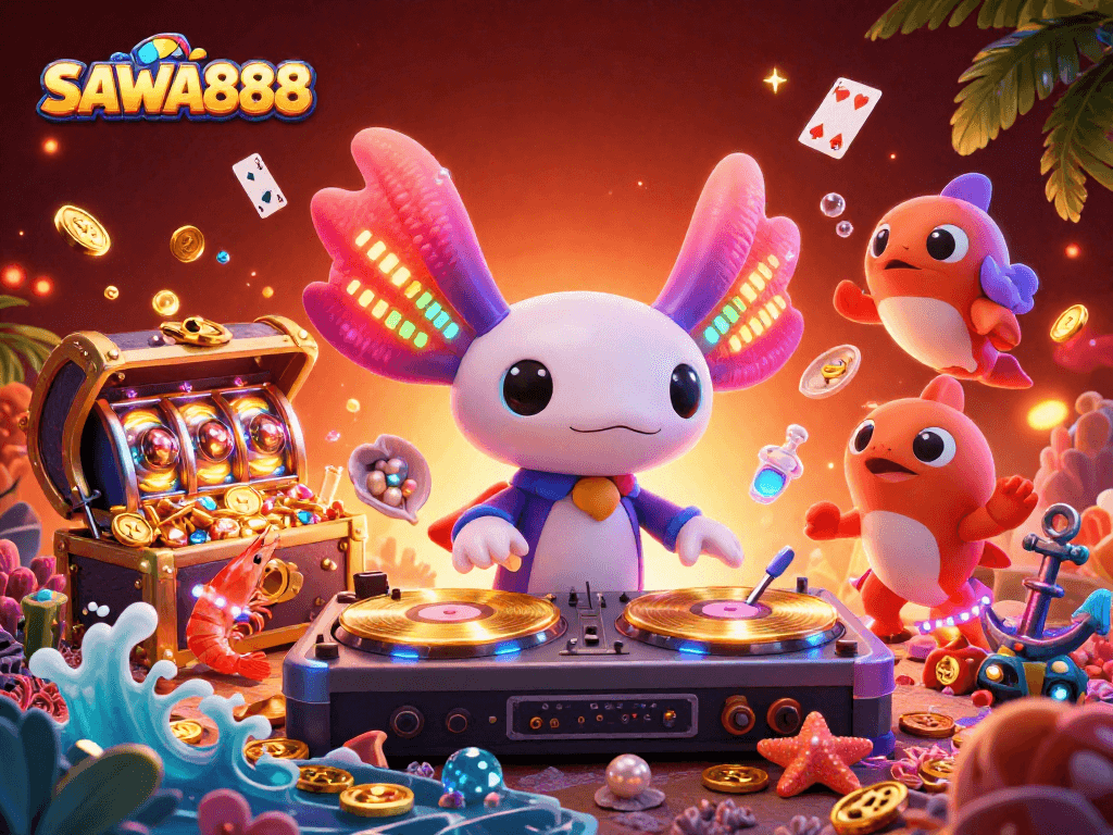 SAWA888 showcases winning strategies with vibrant 3D illustrations of an axolotl DJ and slot games.