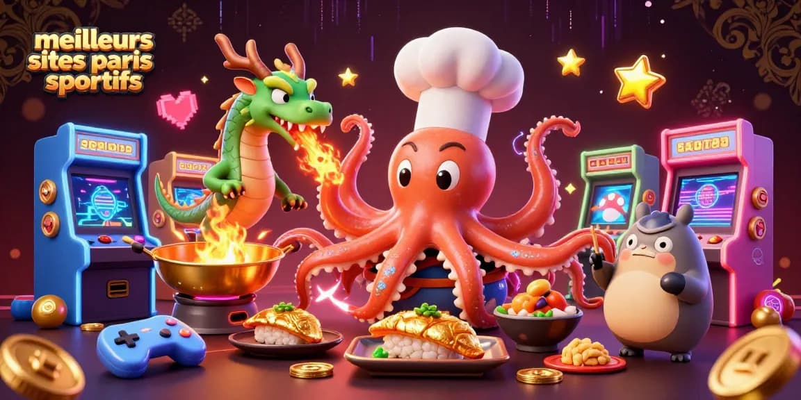 Découvrez les meilleurs sites de paris sportifs avec cette illustration dynamique d'un octopus chef préparant des plats dorés.