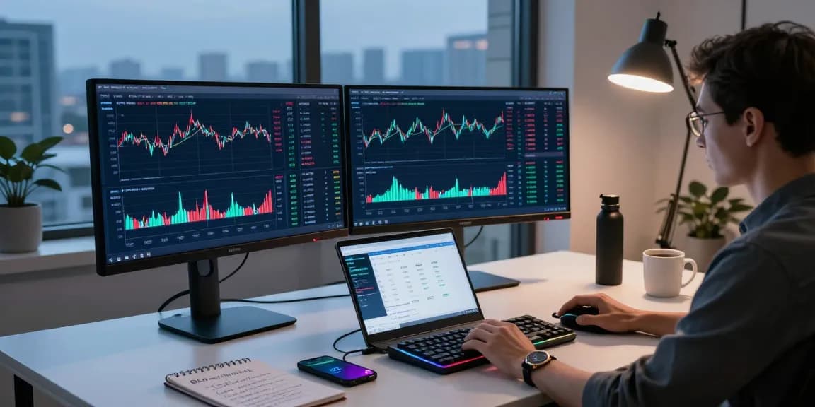 Oklo stock trading in a dynamic cryptocurrency exchange setup featuring monitors with price charts and market data.