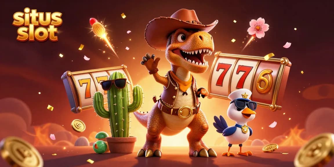 Situs slot gacor dengan dinosaur cowpoke, kaktus dan burung penembak dalam suasana perjudian yang kaya.