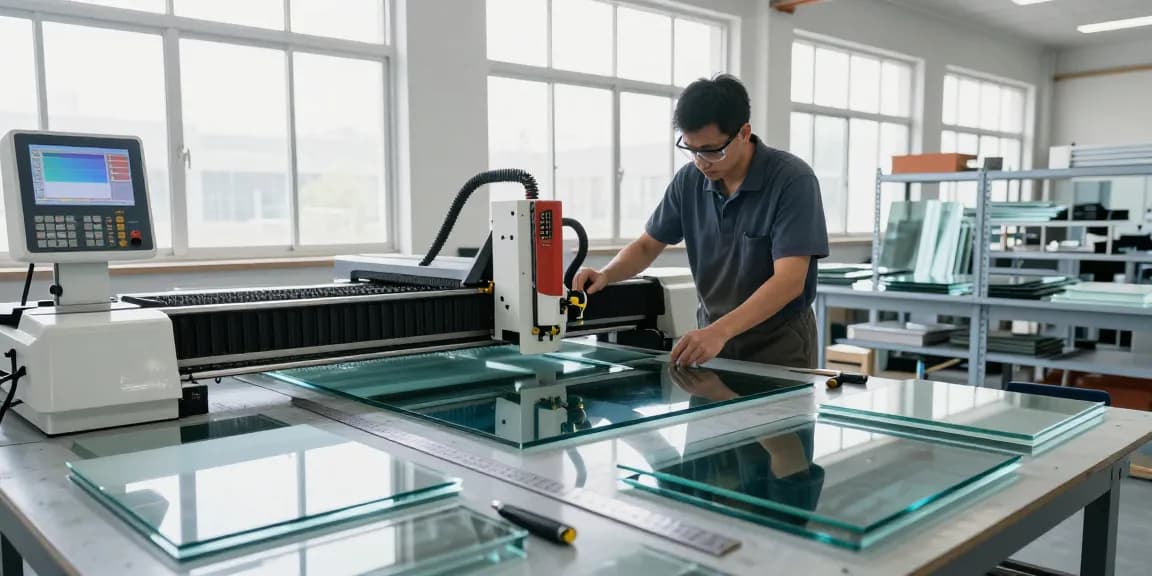 Technician operating a glass cutting table in an industrial workshop showcasing precision glass processing.