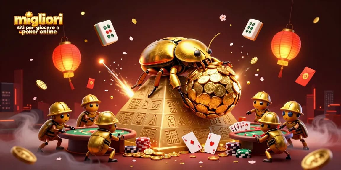 Scopri i migliori siti per giocare a poker online con un'immagine ricca e dettagliata di un'illustrazione 3D di un scarabeo d'oro.