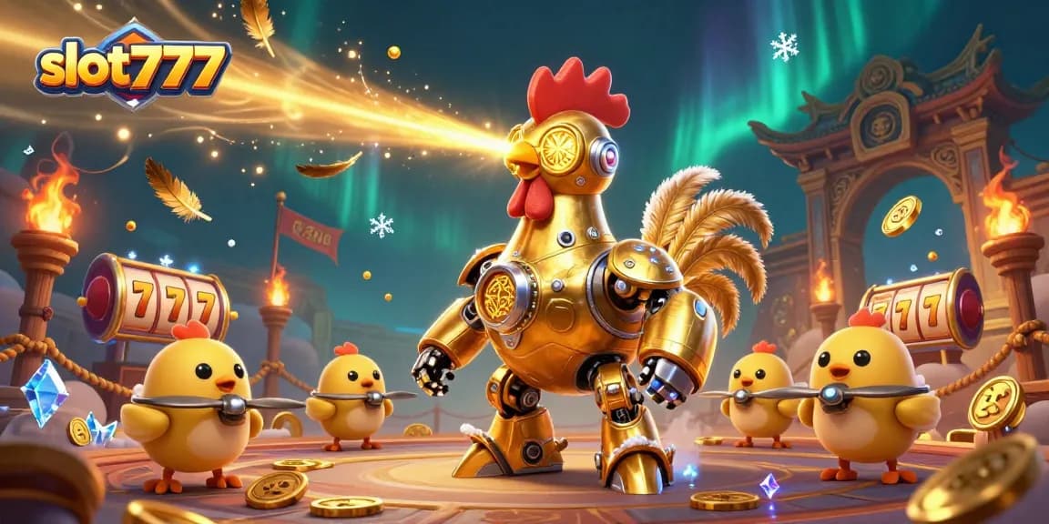 Experience thrilling slot777 gaming amidst golden rooster robots and dazzling casino elements