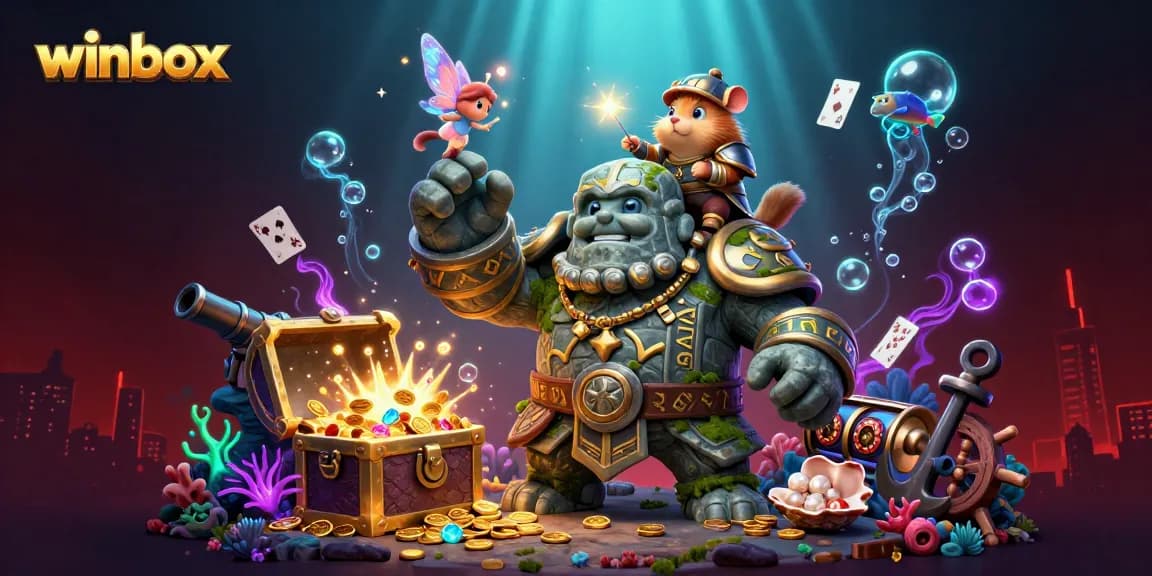 Winbox illustration with a golem, fairy, and hamster knight in a rich casino-themed underwater scene.