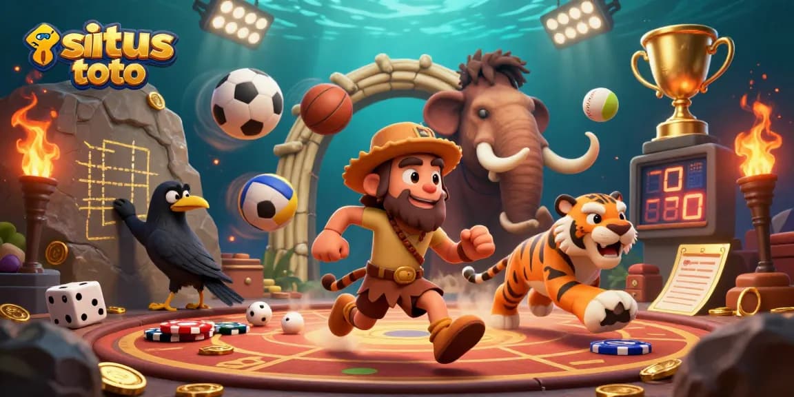 situs toto showcases a lively prehistoric casino with a caveman and sabertooth tiger amidst dynamic sports elements.