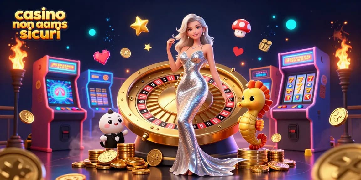 Interagisci con i casino non aams sicuri in un'illustrazione 3D vibrante con una donna glamour e un cavalluccio marino giocoso.