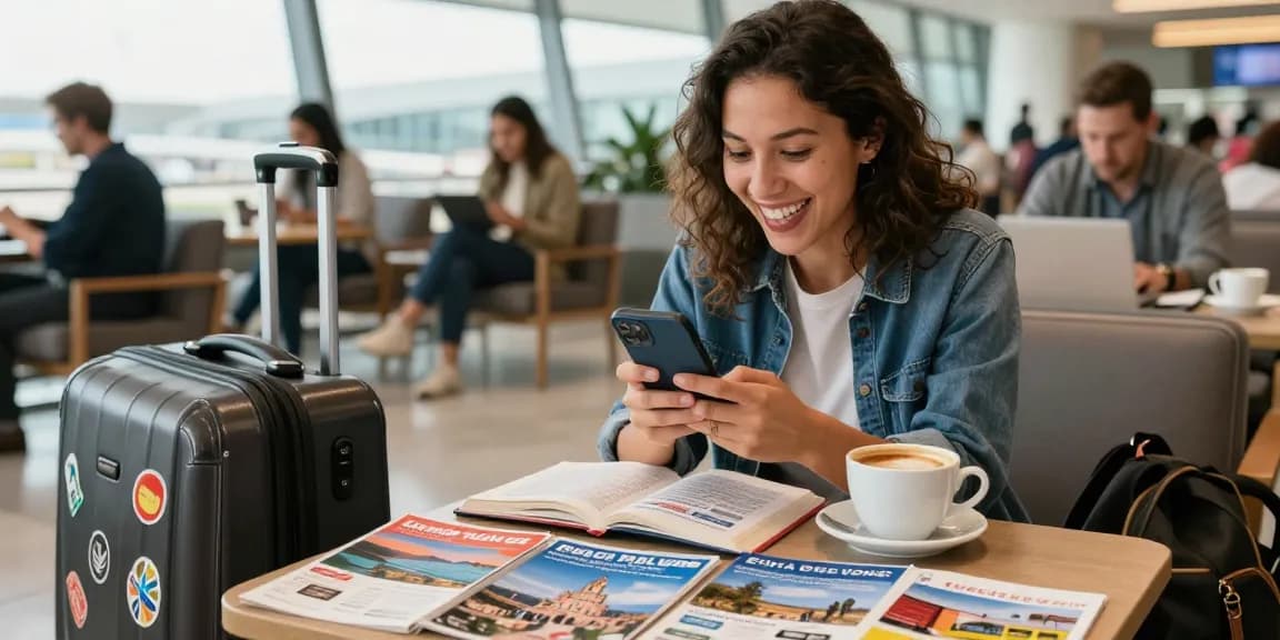 Traveler comparing esim coupon codes at the airport lounge with travel guides and coffee.