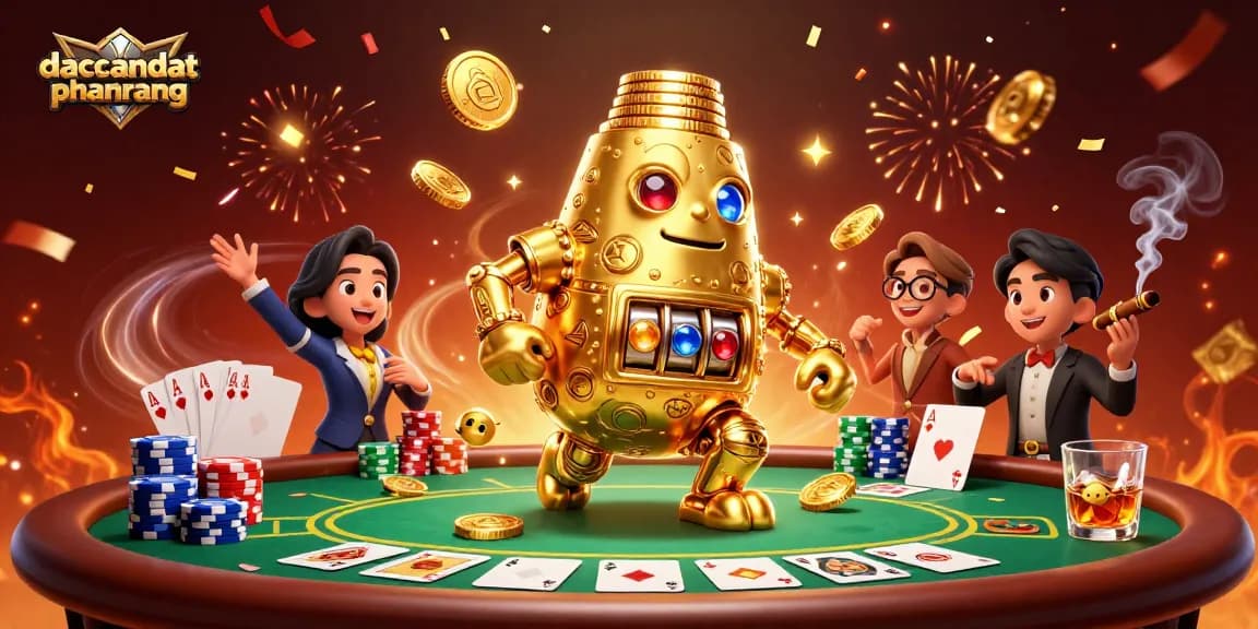 Experience gaming thrills with dacsandatphanrang featuring a golden golem, poker tables, and vibrant casino elements.