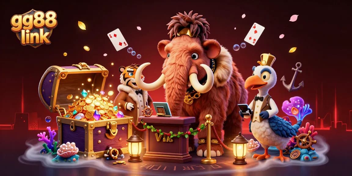 Engage with the gg88 link at a vibrant casino scene featuring cartoon characters and dynamic gaming elements.