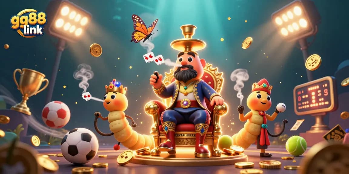 Engage with the gg88 link through a dynamic scene featuring a sultan caterpillar in a rich casino environment with sports elements.