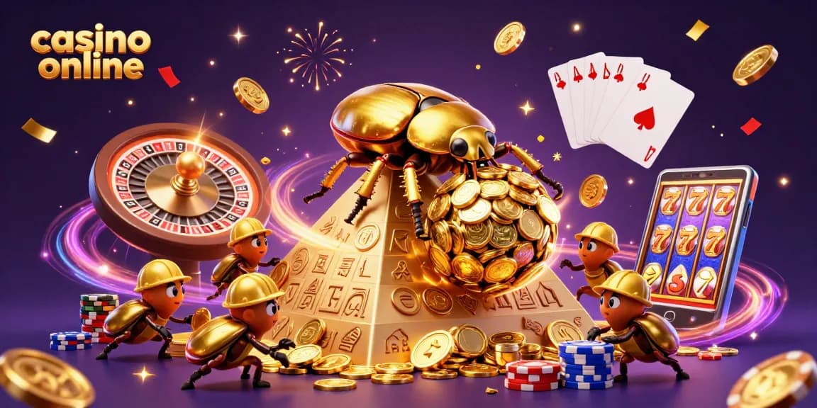 Joacă la casino online cu un gândac de bălegar aurit care rulează un ghem de monede aurii pe o piramidă.