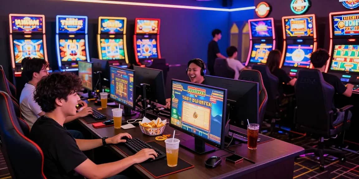 Engaged gamers enjoying the thrill at situs benihtoto online casino with vibrant atmosphere.