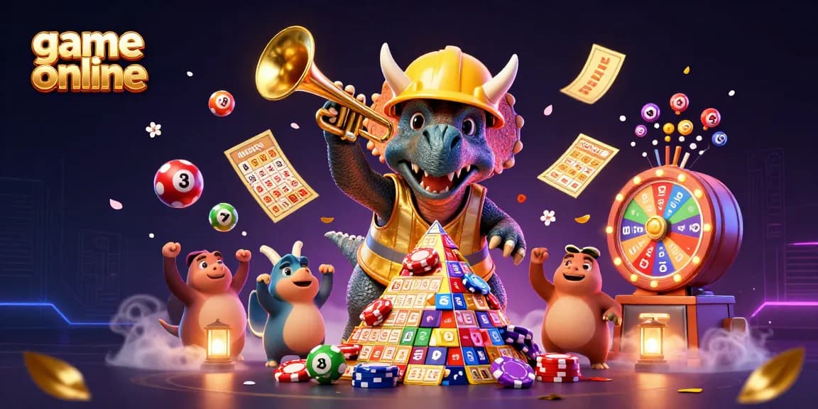 Cheerfully engage in game online activities with fun characters and vibrant casino symbols around