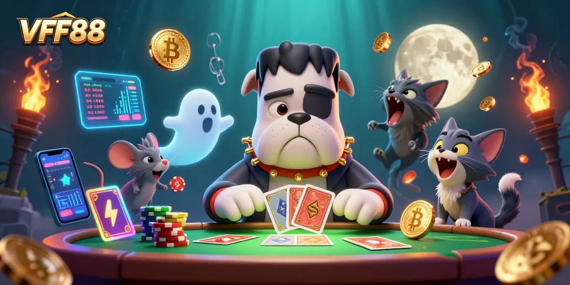 Engage with exciting VFF88 action as cartoon characters deal cards and celebrate winning moments.