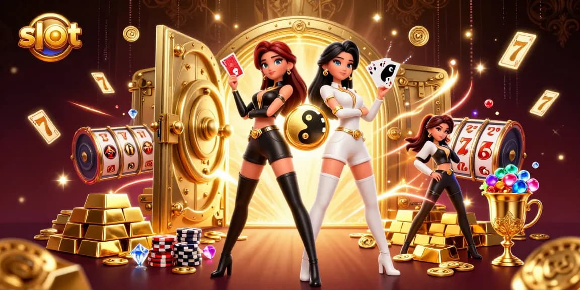 Experience exciting slot action with twin Asian women holding cards amid gems and riches.