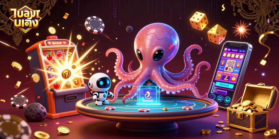 แทงบอลเต็ง wins big with a vibrant casino scene featuring an alien octopus at a poker table