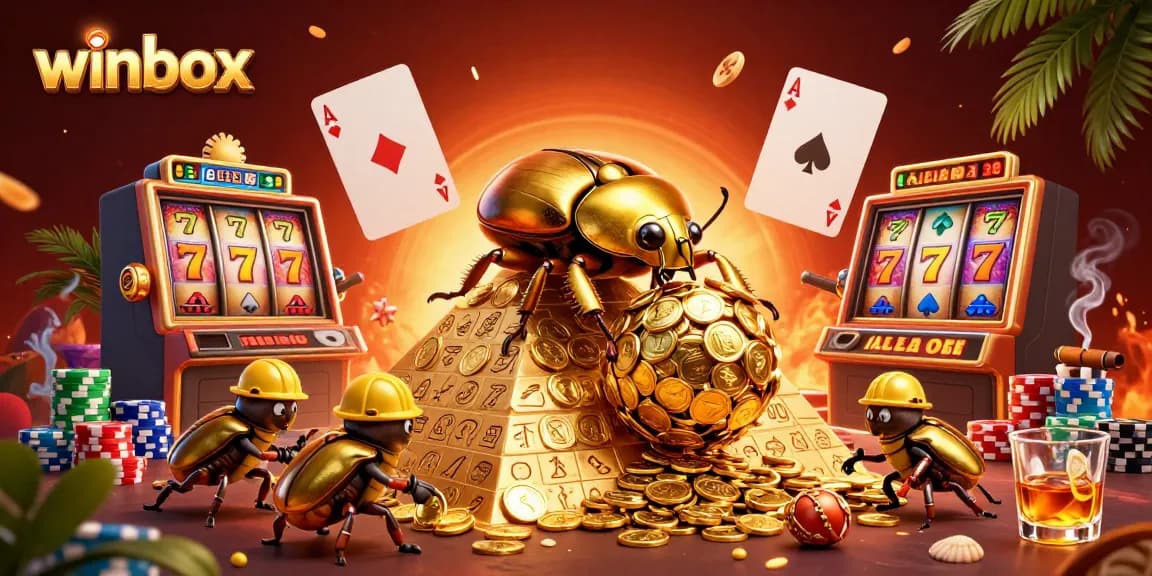 Winbox showcases exciting gameplay with golden beetles rolling coins among vibrant slot machines.