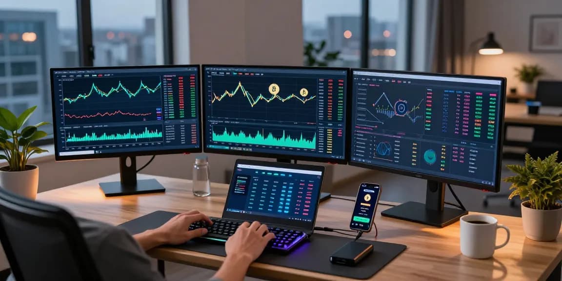 Cricbet99 trading workspace showcasing cryptocurrency analysis on screens and digital wallets.
