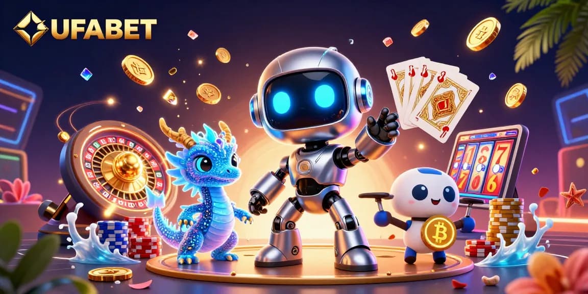 Experience thrilling gambling with UFABET, featuring a cyberpunk robot and vibrant casino elements.