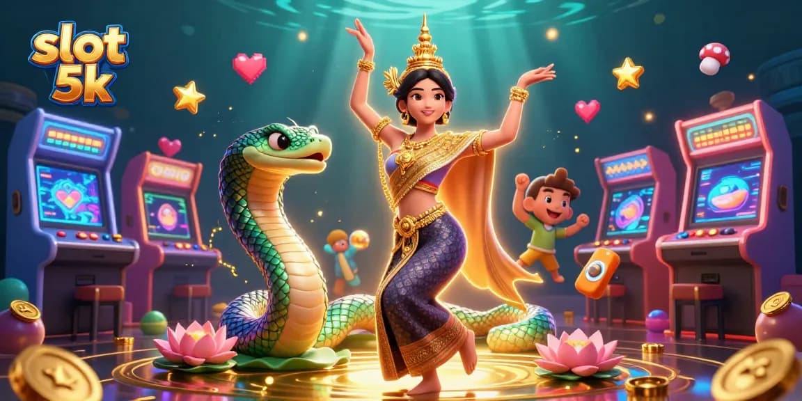 Spin to win with slot 5k amidst colorful arcade machines and glowing treasures.