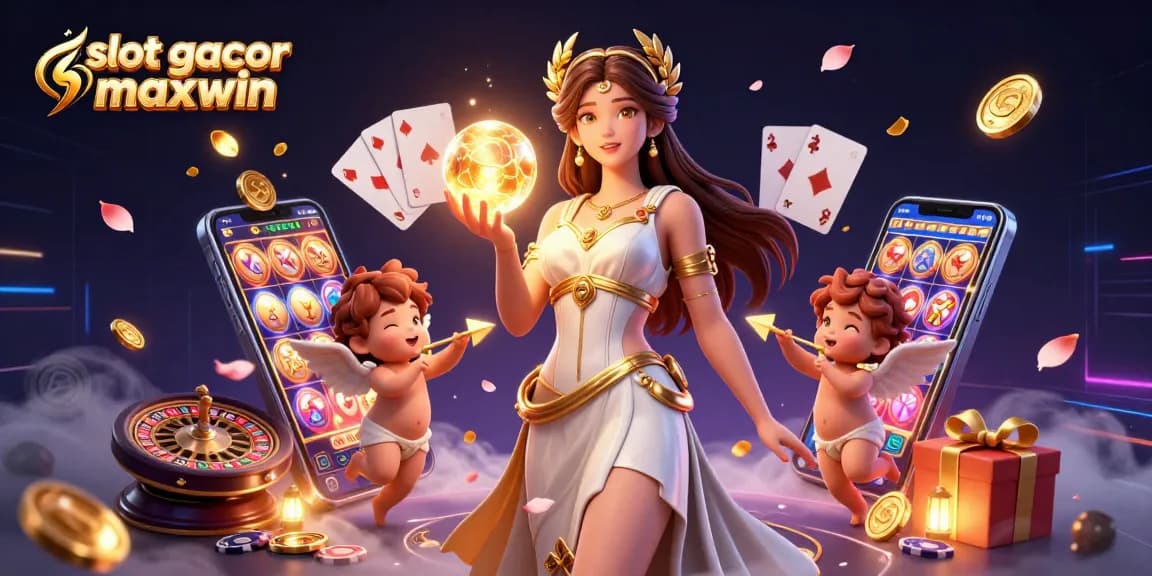 Rasakan slot gacor maxwin dengan pemandangan 3D menakjubkan dari dewi Yunani dan malaikat kecil di tengah elemen kasino.