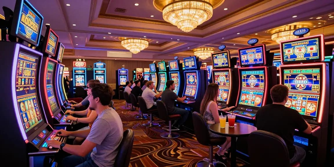 Permainan slot yang menyenangkan di kasino dengan orang-orang bersenang-senang dan mesin slot yang menyala.