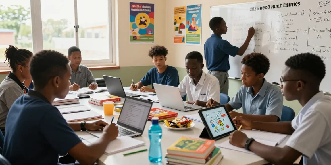 Students collaborating on study materials for the 2026 neco runz exams in a lively study space.