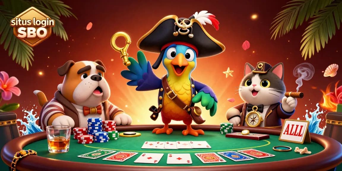 The dynamic scene features a pirate captain parrot leading a poker table in an engaging setting, emphasizing the situs login SBO for bettors.