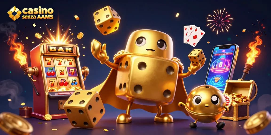 Giocando nei casino senza AAMS, con dadi d'oro e slot machine magiche che esplodono in luce.