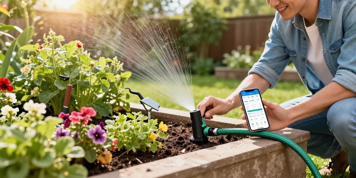 Homeowner using rainpoint water timer to automate garden watering with lush plants around.