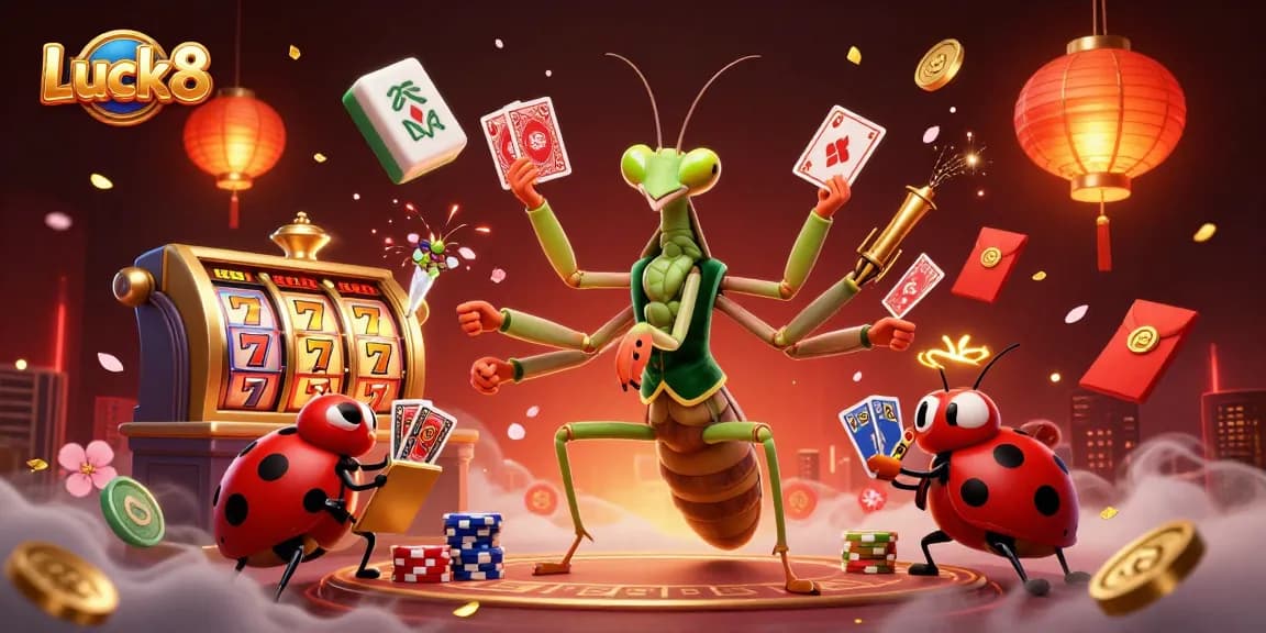 Engage in dynamic gaming action with Luck8's vibrant casino illustration showcasing thrilling slot reels and playful characters.