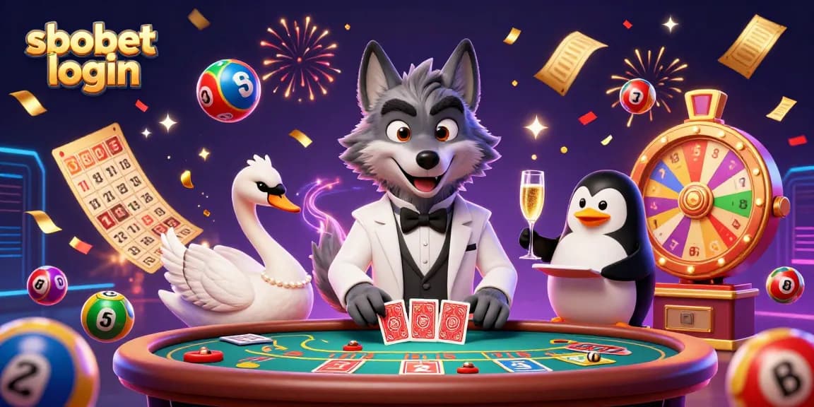 Experience sbobet login with a vibrant scene of dynamic casino characters and celebratory elements.