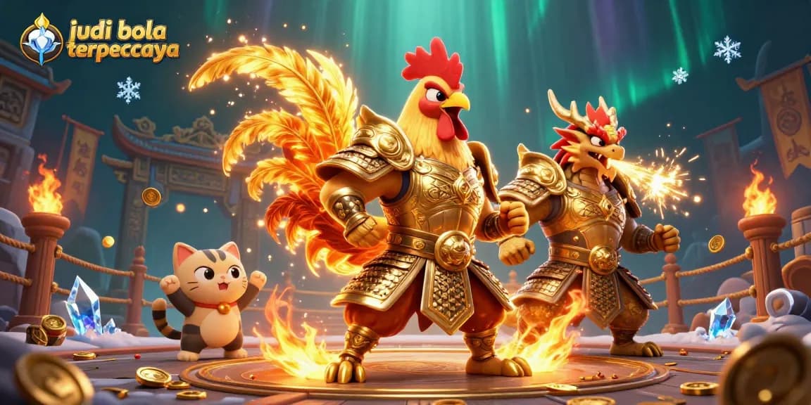 Engage in judi bola terpercaya with a fierce warrior rooster and dragon hatchling in a dynamic, vibrant betting arena.