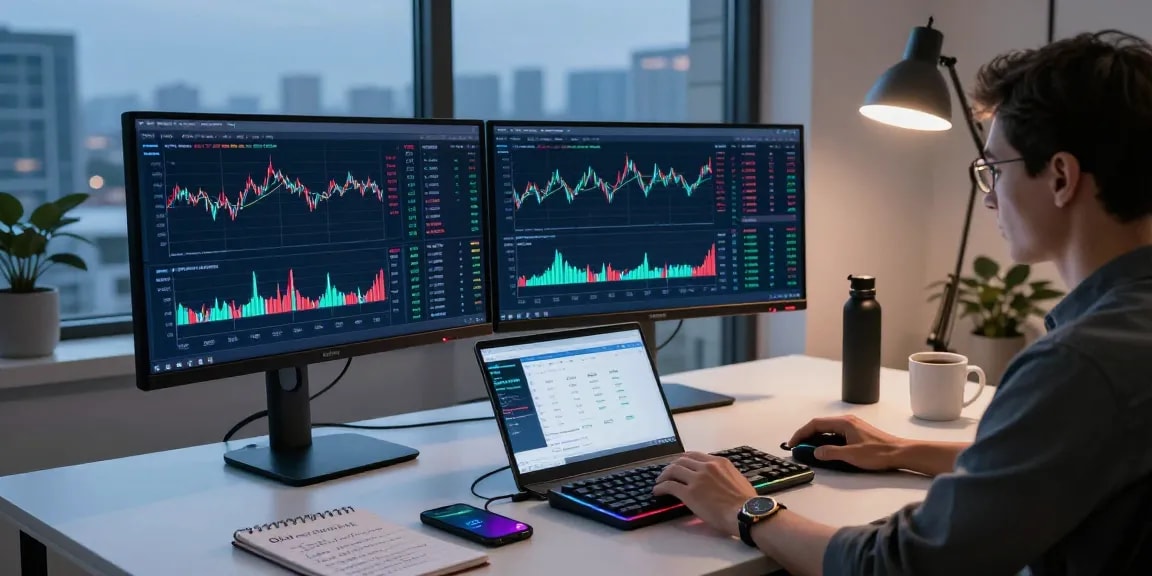 Oklo stock trading in a dynamic cryptocurrency exchange setup featuring monitors with price charts and market data.