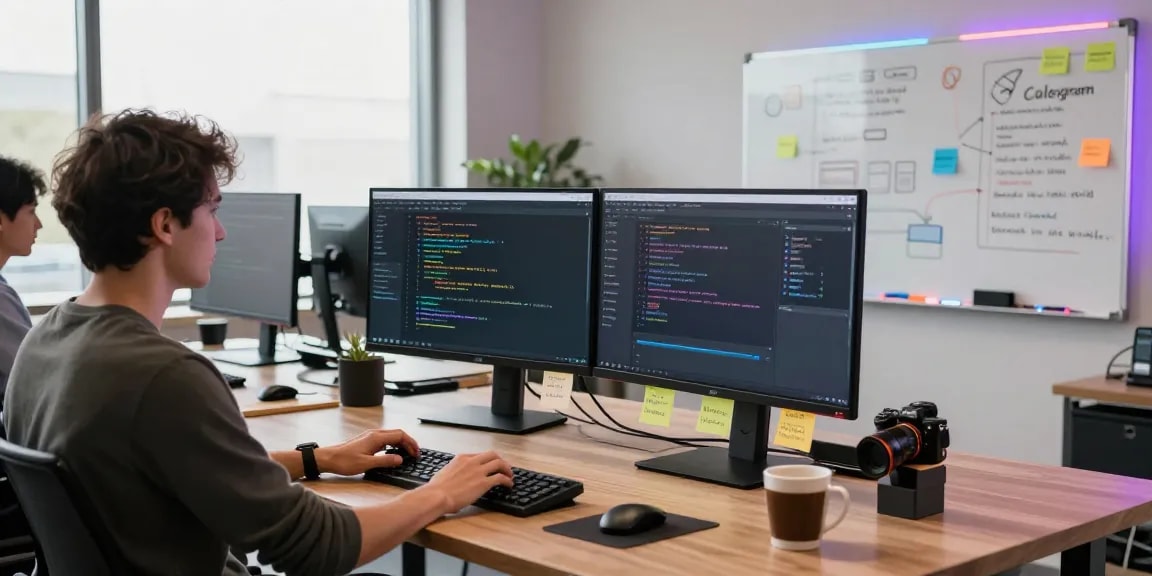 Developer working on software features of teiegramin.com in a modern tech workspace.