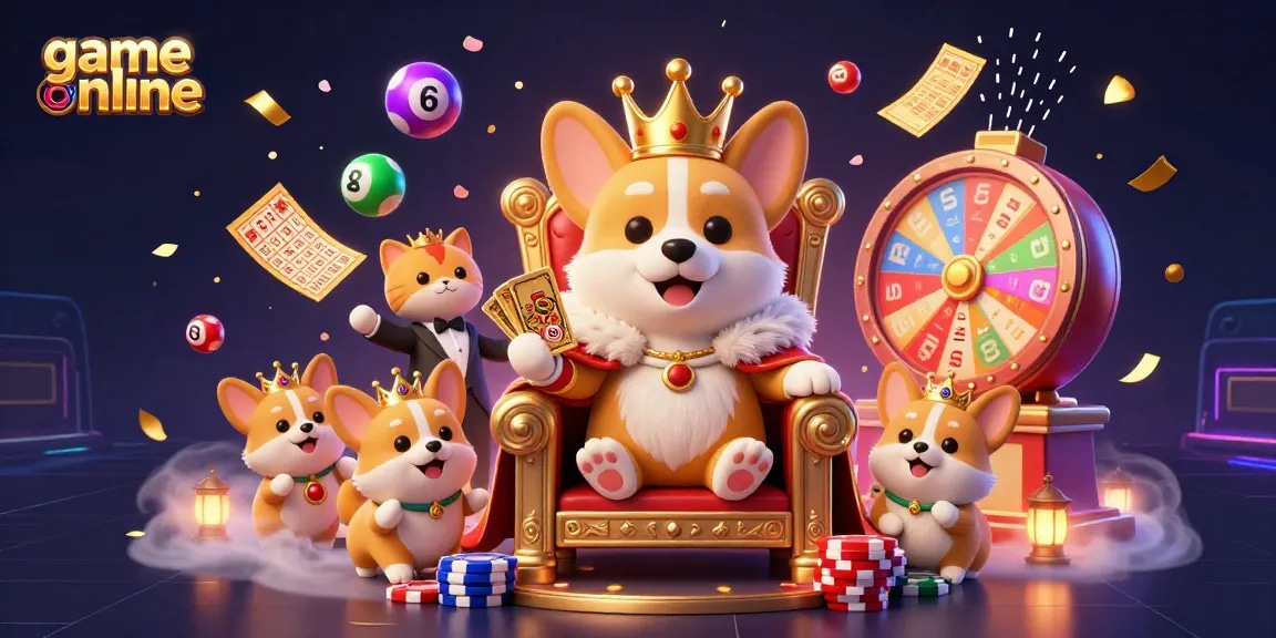 Experience thrilling game online with vibrant corgis and dynamic casino elements in an engaging illustration.