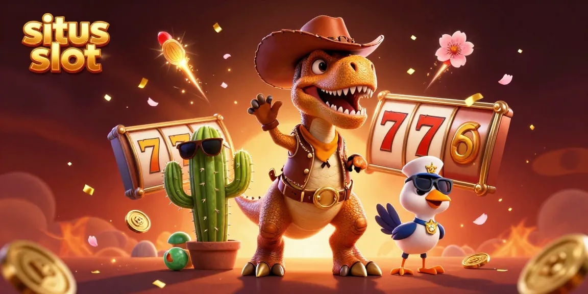Situs slot gacor dengan dinosaur cowpoke, kaktus dan burung penembak dalam suasana perjudian yang kaya.