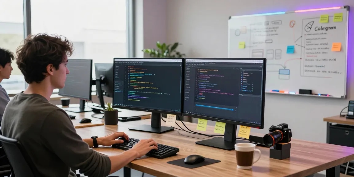 Developer working on software features of teiegramin.com in a modern tech workspace.