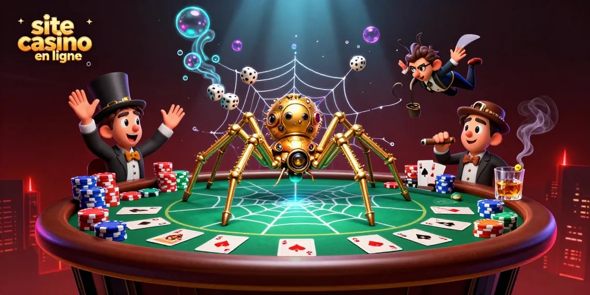 Gagnez sur un site casino en ligne avec une illustration captivante et ludique d'une araignée dorée steampunk.