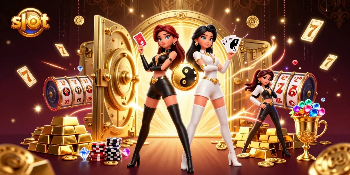 Experience exciting slot action with twin Asian women holding cards amid gems and riches.
