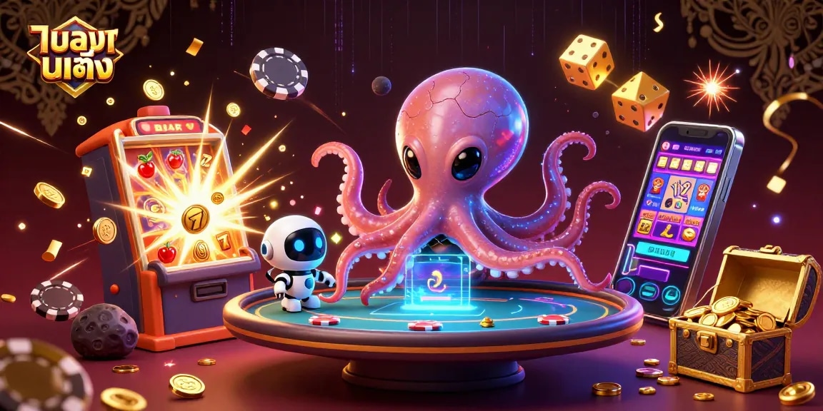 แทงบอลเต็ง wins big with a vibrant casino scene featuring an alien octopus at a poker table